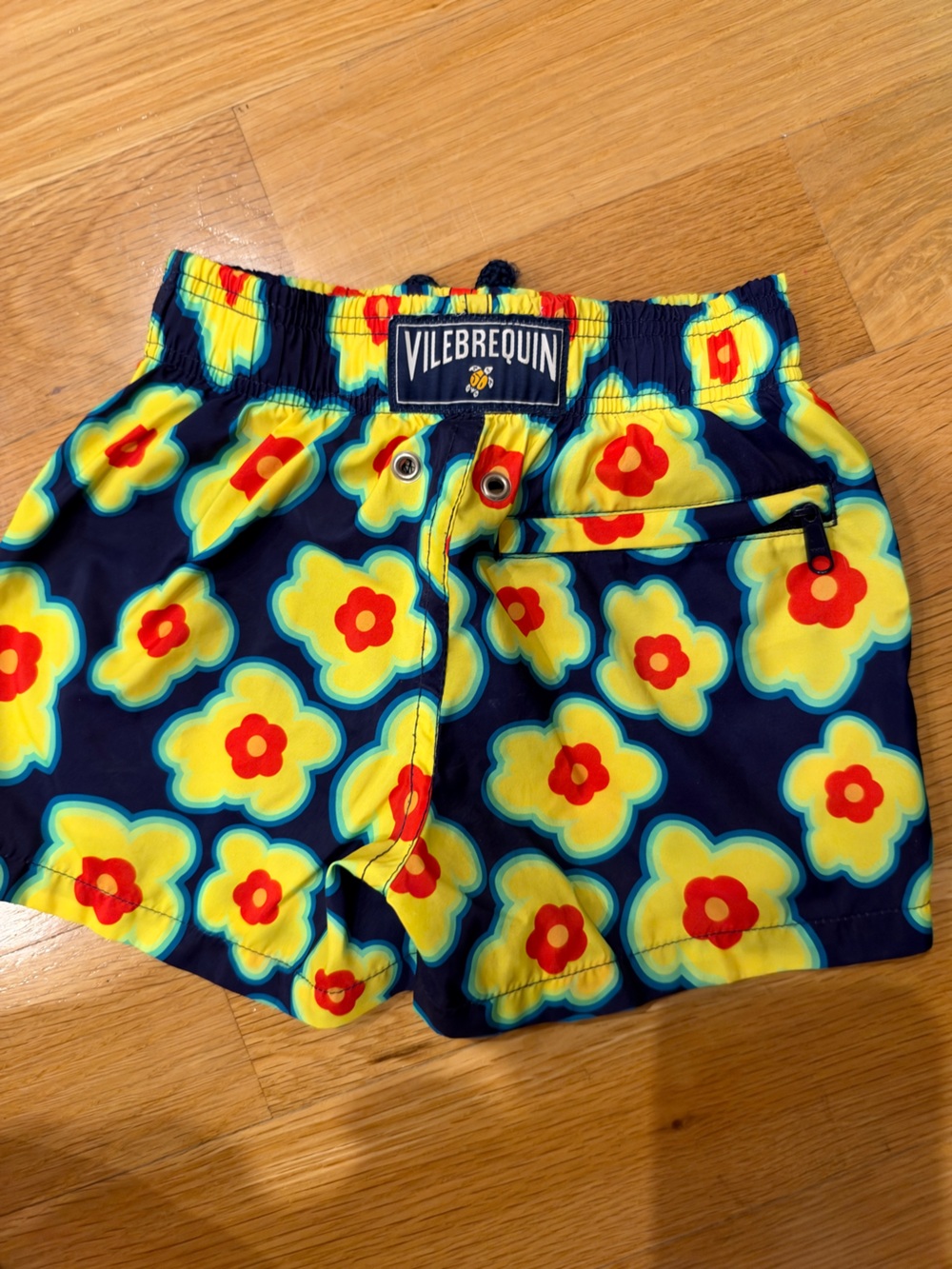 Vilebrequin Navy Swim Trunks with Yellow & Red Floral Print